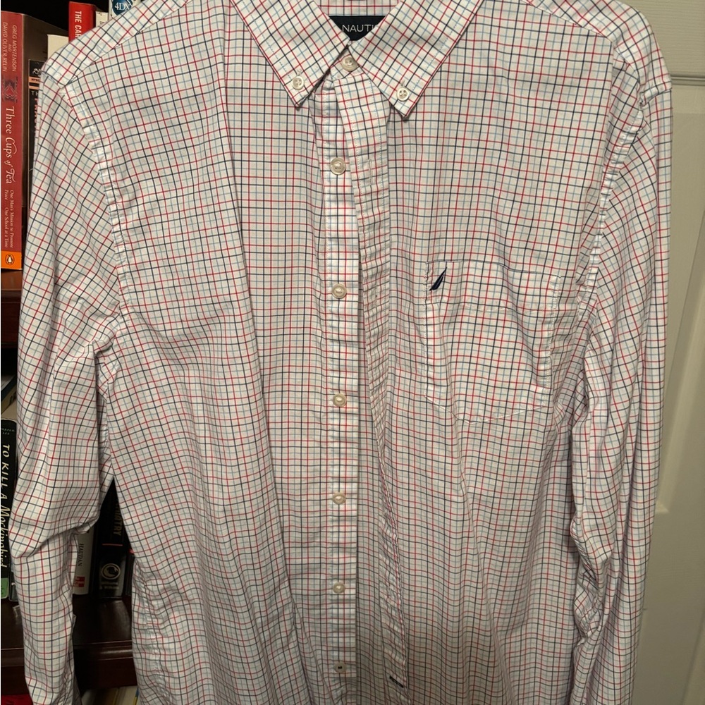 Nautica Men's White and Red Checkered Shirt